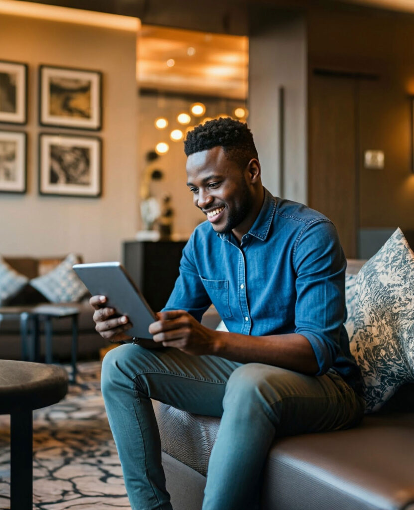 Man smiling at his tablet after Debt Tec helped to successfully recover bad debt.